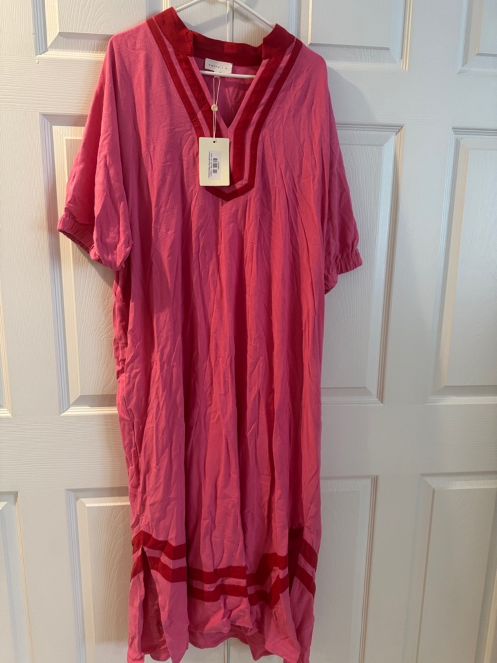 Bright Pink V-Neck Kaftan with Red Trim